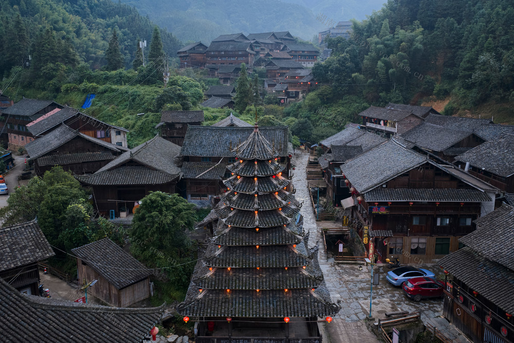 建筑 侗族 古村 晚霞 乡村